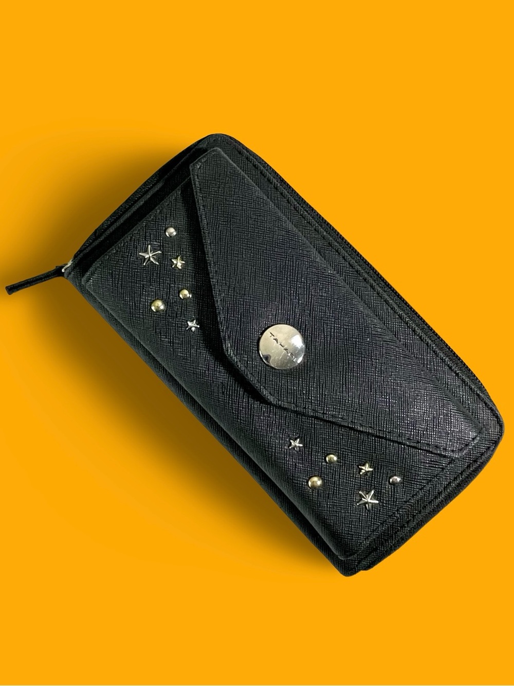Tahari Textured Black Faux Leather Full Zip-around Envelope Wallet